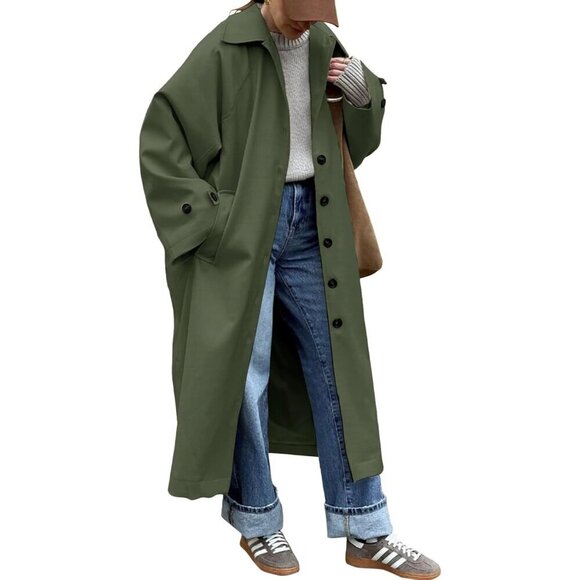 Jackets & Blazers - Women Green Long Trench Coat Single Breasted Oversized Windproof Fall Overcoat